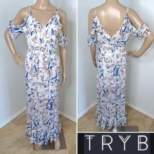 $495 TRYB “Carl” Chiffon Cold Shoulder Maxi Dress